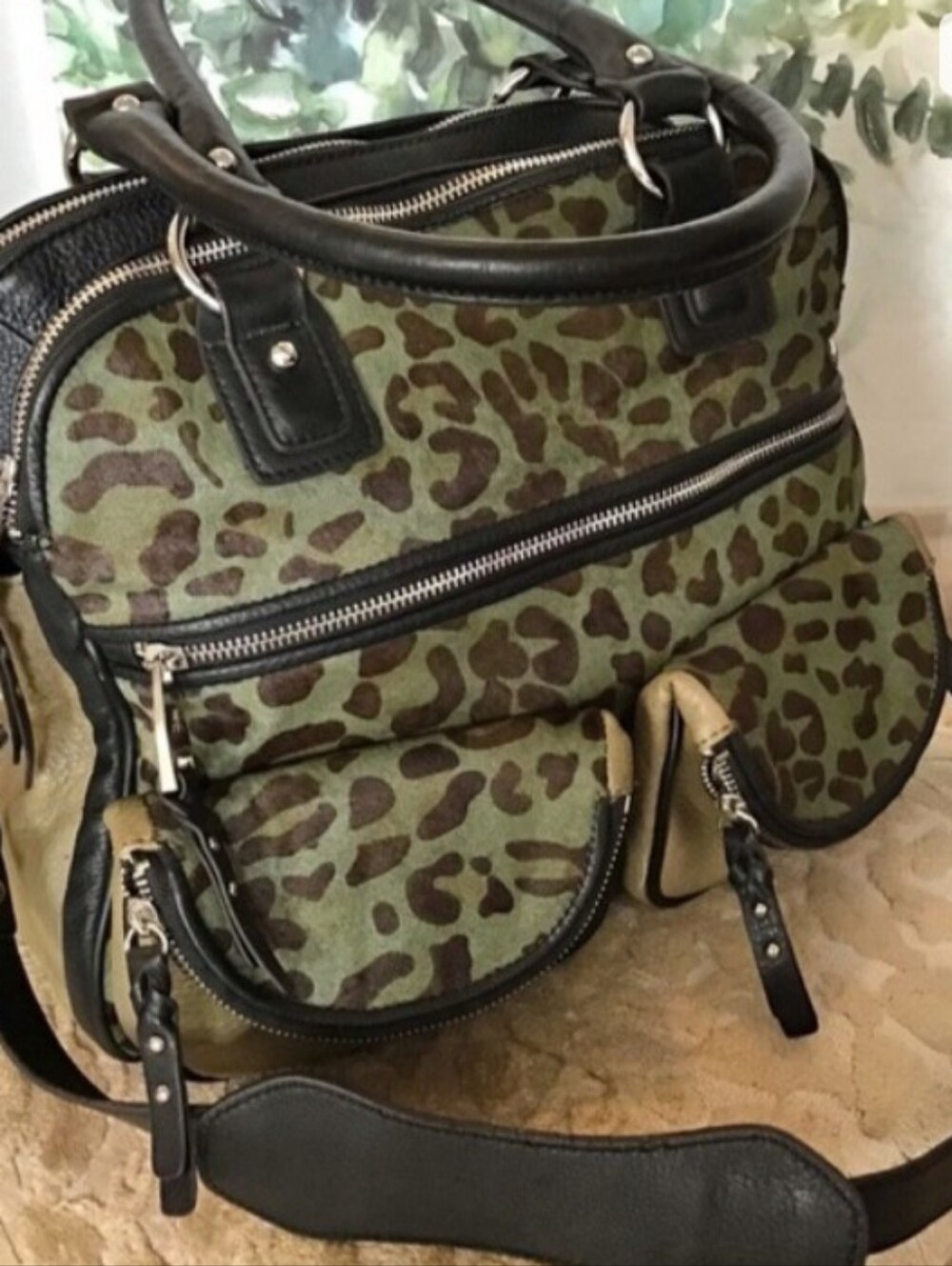 Aimee Kestenberg LUCY Olive Leopard Print Satchel w/ Black Trim, Silver Hardware